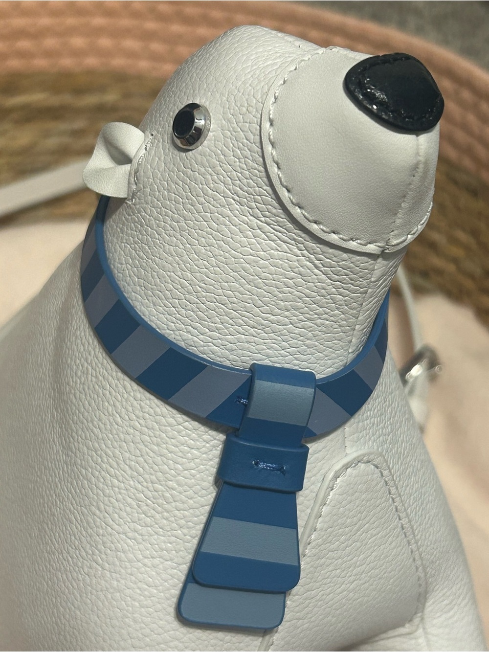 NWOT White Leather Polar Bear Shaped Crossbody Bag with Blue Striped Collar